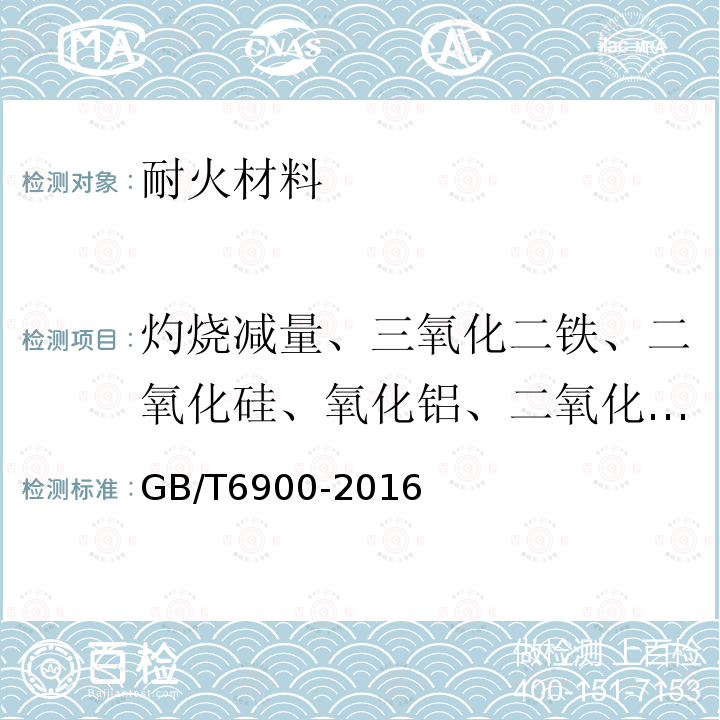 灼烧减量、三氧化二铁、二氧化硅、氧化铝、二氧化钛、氧化钙、氧化镁、氧化钾、氧化钠、氧化锰、五氧化二磷、氧化锆、三氧化二铬 铝硅系耐火材料化学分析方法