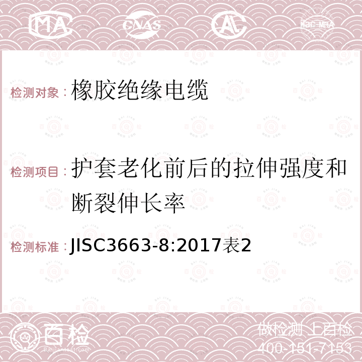 护套老化前后的拉伸强度和断裂伸长率 额定电压450/750 v以下的橡胶绝缘电缆。第8部分:用于要求高灵活性的应用场合的电缆