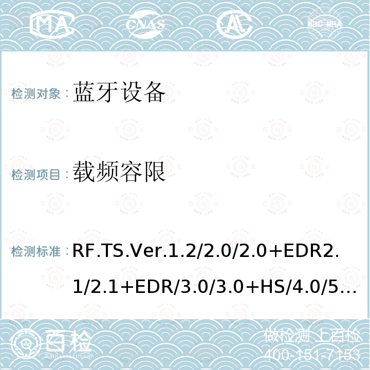 载频容限 RF.TS.Ver.1.2/2.0/2.0+EDR2.1/2.1+EDR/3.0/3.0+HS/4.0/5.0.15.1.3 蓝牙射频测试规范