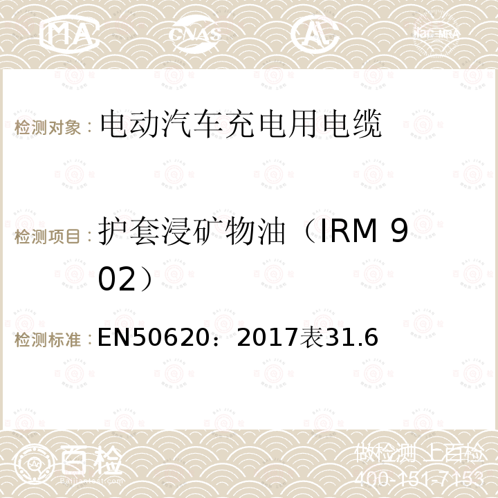 护套浸矿物油（IRM 902） EN50620：2017表31.6 电动汽车充电用电缆