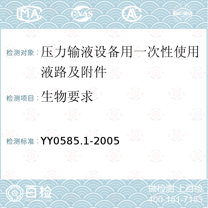 生物要求 YY 0585.1-2005 压力输液设备用一次性使用液路及附件 第1部分:液路