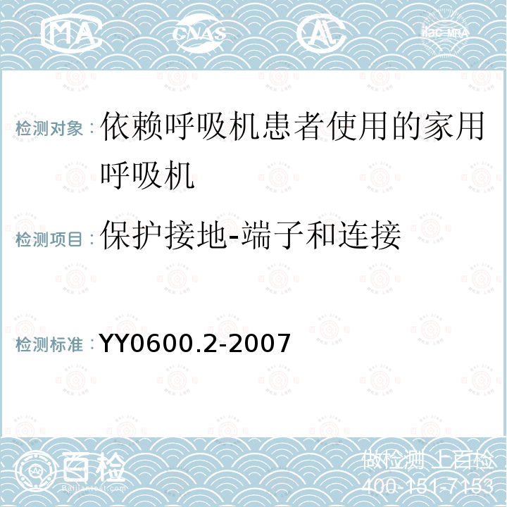 保护接地-端子和连接 医用呼吸机 基本安全和主要性能专用要求 第2部分：依赖呼吸机患者使用的家用呼吸机