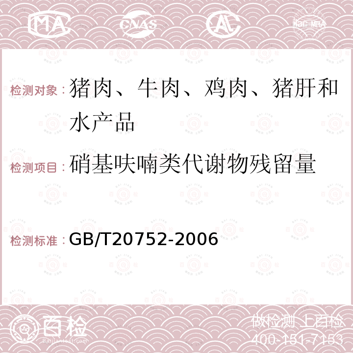 硝基呋喃类代谢物残留量 猪肉、牛肉、鸡肉、猪肝和水产品中硝基呋喃类代谢物残留量的测定 液相色谱-串联质谱法