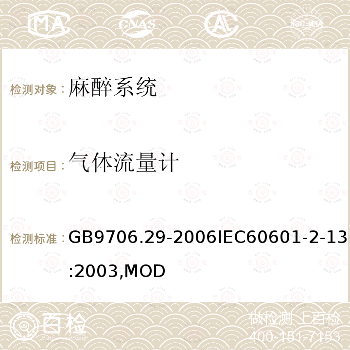 气体流量计 医用电气设备第2部分：麻醉系统的安全和基本性能专用要求