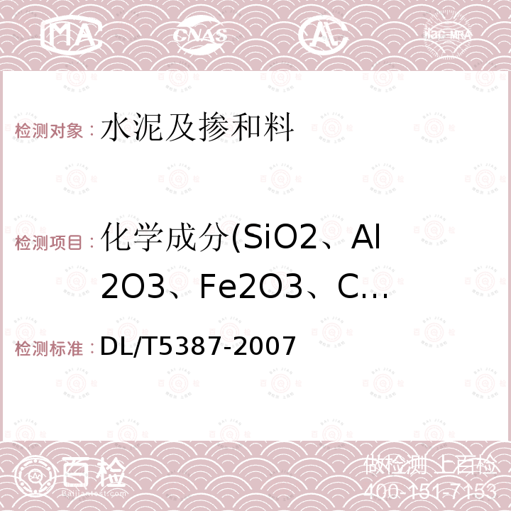 化学成分(SiO2、Al2O3、Fe2O3、CaO、MgO、f－CaO、不溶物、TiO2、MnO、P2O5) DL/T 5387-2007 水工混凝土掺用磷渣粉技术规范(附条文说明)
