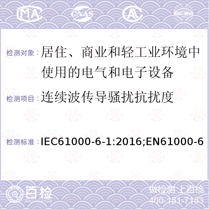 连续波传导骚扰抗扰度 电磁兼容 通用标准 居住、商业和轻工业环境中的抗扰度试验