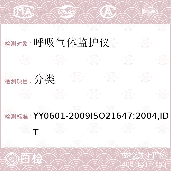 分类 YY 0601-2009 医用电气设备 呼吸气体监护仪的基本安全和主要性能专用要求