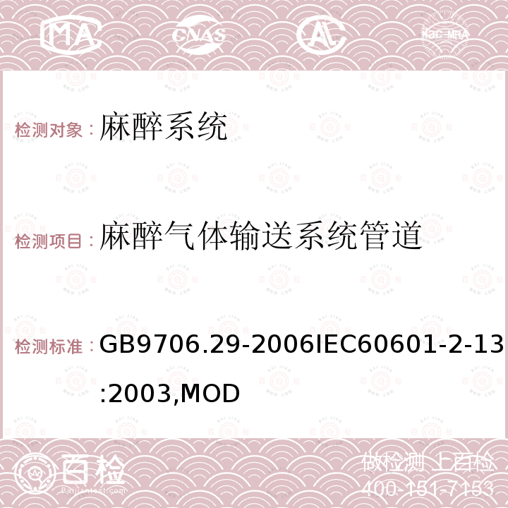 麻醉气体输送系统管道 医用电气设备第2部分：麻醉系统的安全和基本性能专用要求