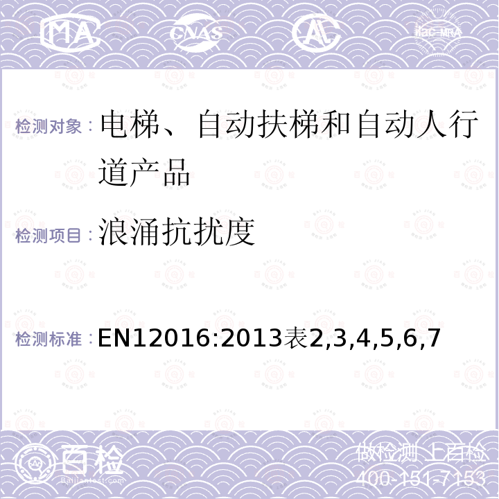 浪涌抗扰度 EN12016:2013表2,3,4,5,6,7 电磁兼容 电梯、自动扶梯和自动人行道产品族标准 发射