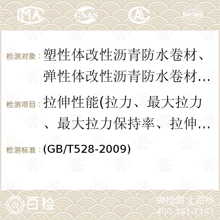 拉伸性能(拉力、最大拉力、最大拉力保持率、拉伸强度、拉伸强度变化率、拉伸强度保持率、最大拉力时伸长率、最大拉力时伸长率保持率、最大拉力时延伸率、拉断伸长率、拉断伸长变化率、断裂伸长变化率、断裂伸长率、断裂伸长率保持率、扯断伸长率） 硫化橡胶或热塑性橡胶 拉伸应力应变性能的测定