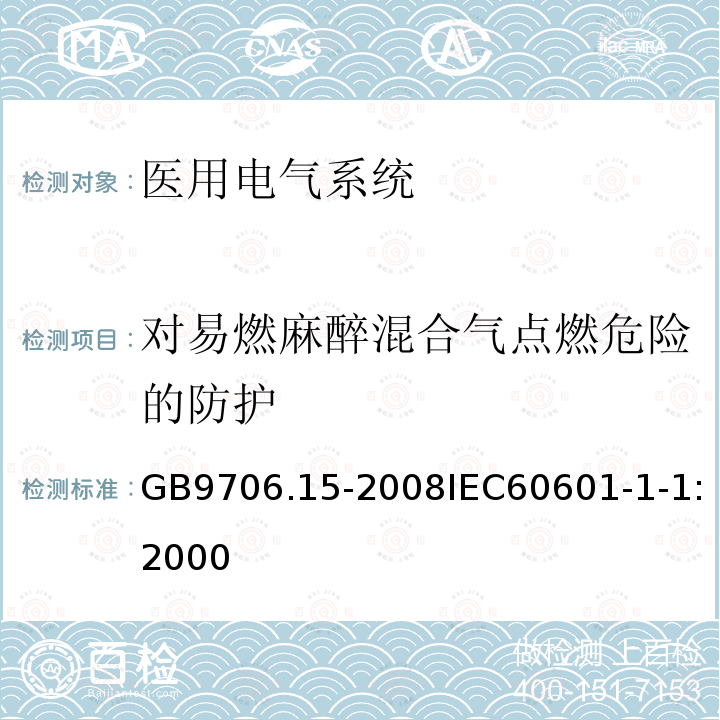 对易燃麻醉混合气点燃危险的防护 医用电气设备 第1-1部分:安全通用要求 并列标准:医用电气系统安全要求