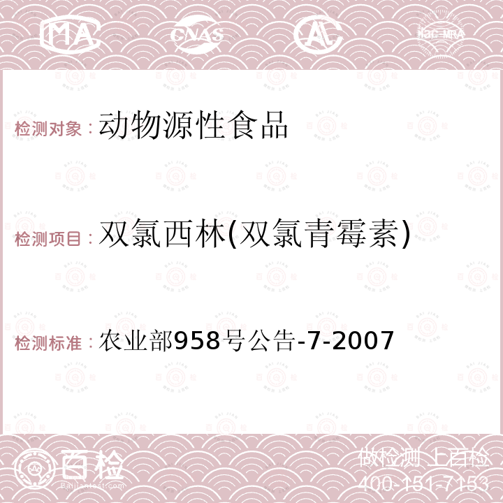 双氯西林(双氯青霉素) 猪鸡可食性组织中青霉素类药物残留检测方法 高效液相色谱法