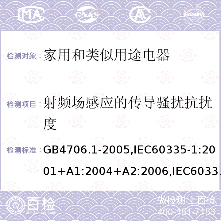 射频场感应的传导骚扰抗扰度 家用和类似用途电器的安全 第1部分：通用要求