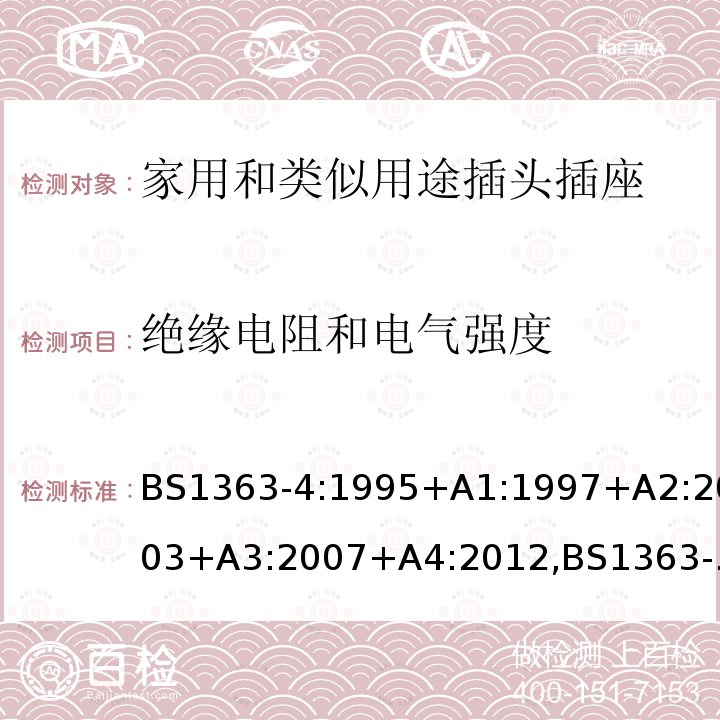 绝缘电阻和电气强度 插头、插座、转换器和连接单元 第4部分 13A 带熔断器带开关和不带开关的连接单元的规范