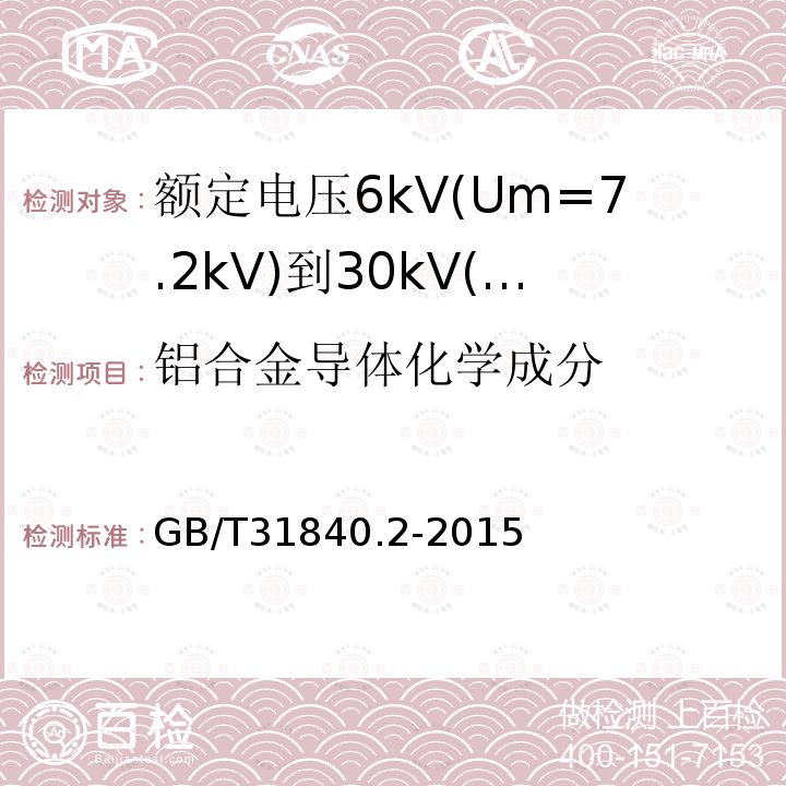 铝合金导体化学成分 额定电压1kV(Um=1.2kV)到35kV(Um=40.5kV)铝合金芯挤包绝缘电力电缆 第2部分：额定电压6kV(Um=7.2kV)到30kV(Um=36kV)电缆