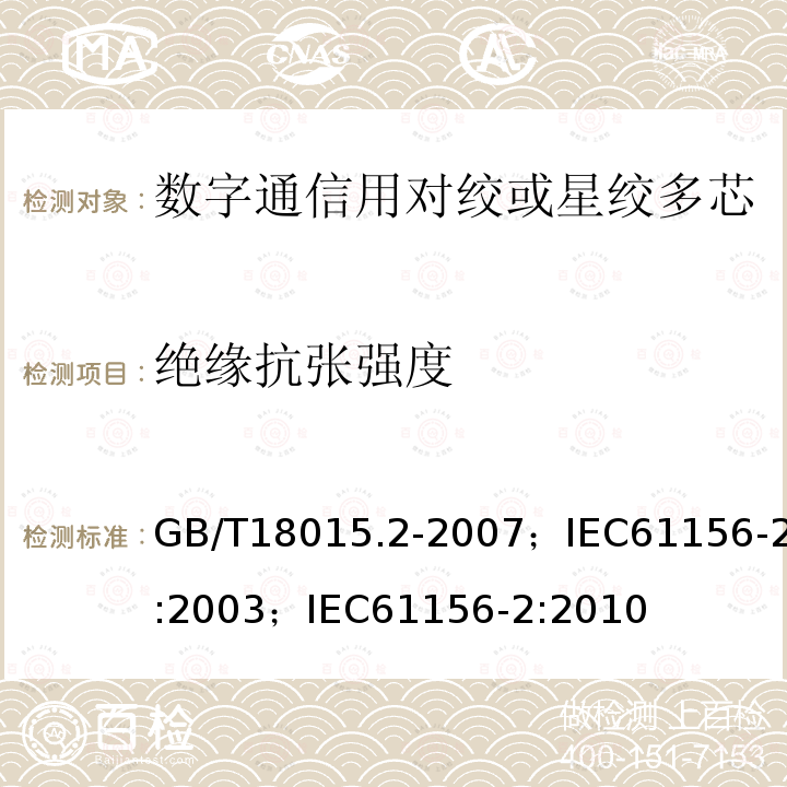 绝缘抗张强度 数字通信用对绞或星绞多芯对称电缆 第2部分:水平层布线电缆 分规范