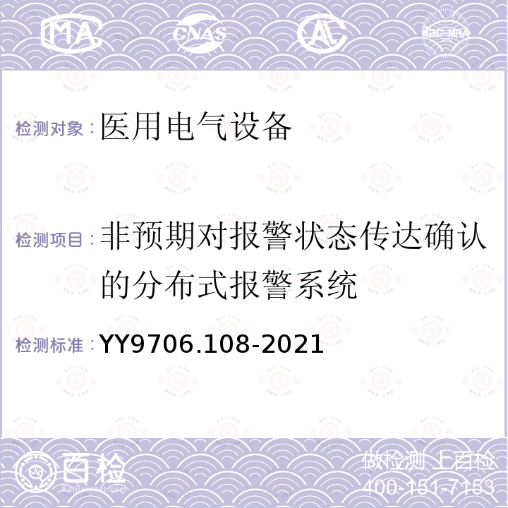 非预期对报警状态传达确认的分布式报警系统 YY 9706.108-2021 医用电气设备 第1-8部分：基本安全和基本性能的通用要求 并列标准：通用要求,医用电气设备和医用电气系统中报警系统的测试和指南