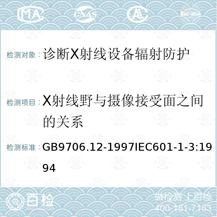 X射线野与摄像接受面之间的关系 医用电气设备 第一部分:安全通用要求 三.并列标准 诊断X射线设备辐射防护通用要求