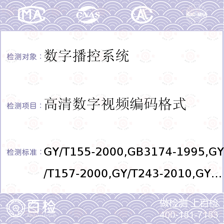 高清数字视频编码格式 高清晰度电视节目制作及交换用视频参数值 
PAL-D制电视广播技术规范 
演播室高清晰度电视数字视频信号接口 
标准清晰度电视数字视频通道技术要求和测量方法 
数字音频设备音频特性测量方法 
电视视频通道测试方法