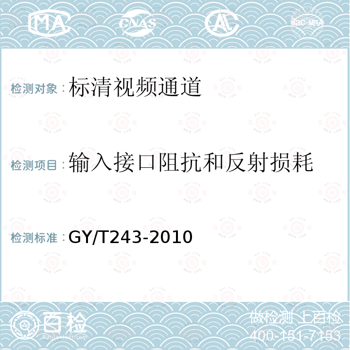 输入接口阻抗和反射损耗 标准清晰度电视数字视频通道技术要求和测量方法