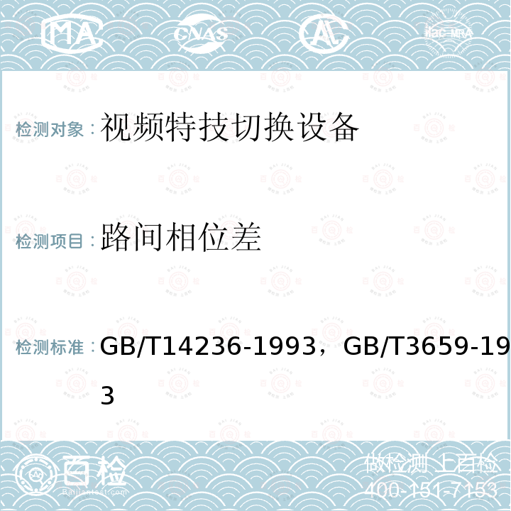 路间相位差 电视中心视频系统和脉冲系统设备技术要求 ，
电视视频通道测试方法