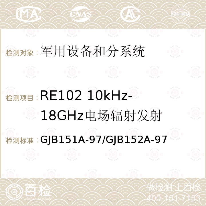 RE102 10kHz-18GHz電場輻射發(fā)射 軍用設(shè)備和分系統(tǒng)電磁發(fā)射和敏感度要求 / 軍用設(shè)備和分系統(tǒng)電磁發(fā)射和敏感度測量