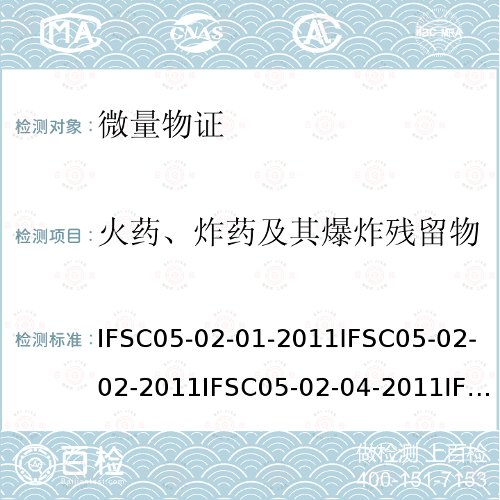 火药、炸药及其爆炸残留物 化学方法检验黑火药、烟火药残留物 扫描电镜-能谱法检验黑火药、烟火药残留物 化学方法检验硝酸铵炸药残留物 GCMS法检验常见有机炸药残留物