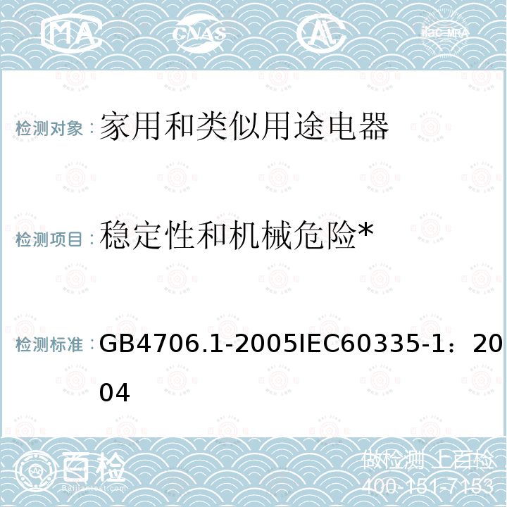 稳定性和机械危险* 家用和类似用途电器的安全 第1部分：通用要求 
GB 4706.1-2005
IEC 60335-1：2004