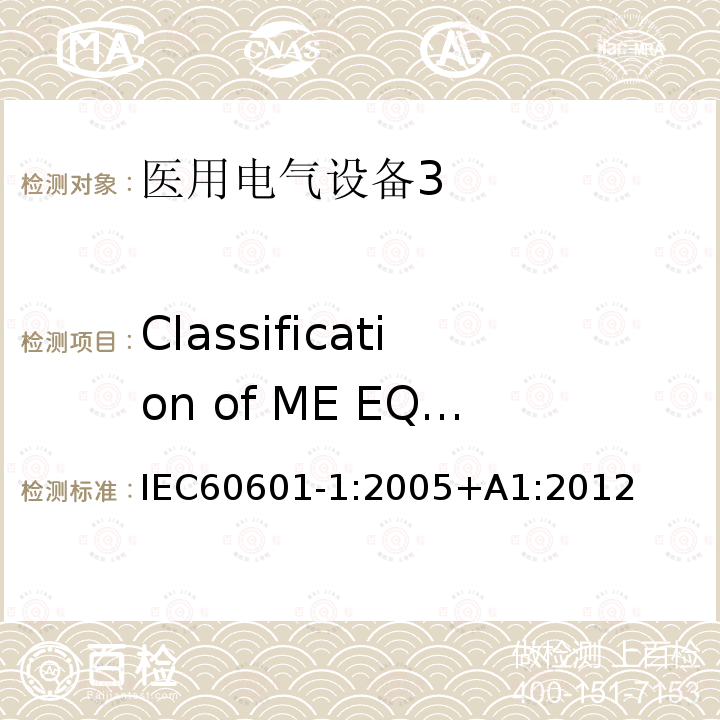 Classification of ME EQUIPMENT and ME SYSTEMS 医用电气设备第1部分：安全通用要求