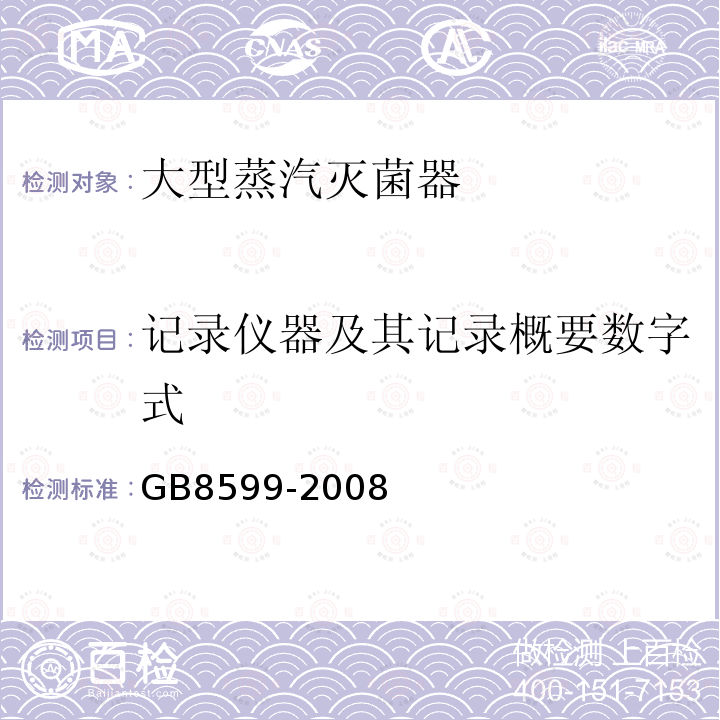 记录仪器及其记录概要数字式 GB 8599-2008 大型蒸汽灭菌器技术要求 自动控制型