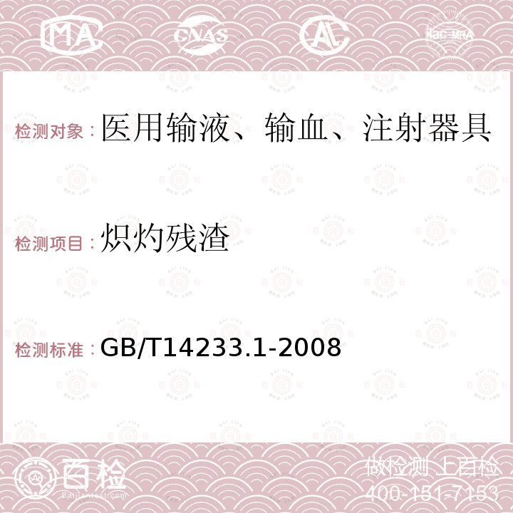 炽灼残渣 医用输液、输血、注射器具检验方法 第一部分：化学分析方法