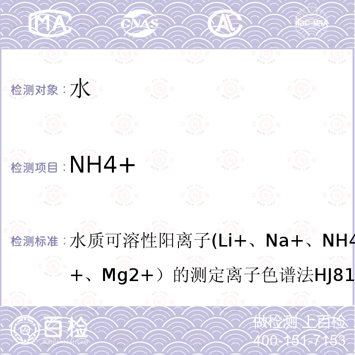 NH4+ 水质 可溶性阳离子(Li+、Na+、NH4+、K+、Ca+、Mg2+）的测定 离子色谱法 HJ 812-2016