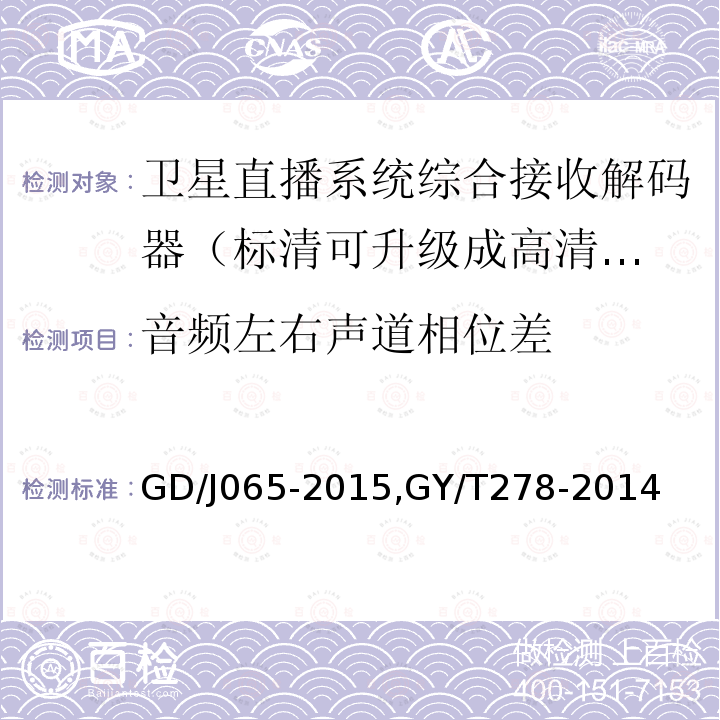 音频左右声道相位差 卫星直播系统综合接收解码器（标清可升级成高清卫星地面双模型）技术要求和测量方法，
卫星直播系统综合接收解码器（加密标清定位型）技术要求和测量方法