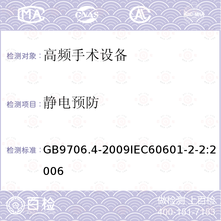 静电预防 医用电气设备 第2-2部分： 高频手术设备安全专用要求