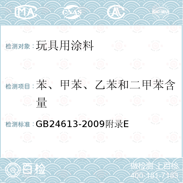 苯、甲苯、乙苯和二甲苯含量 玩具用涂料中有害物质限量