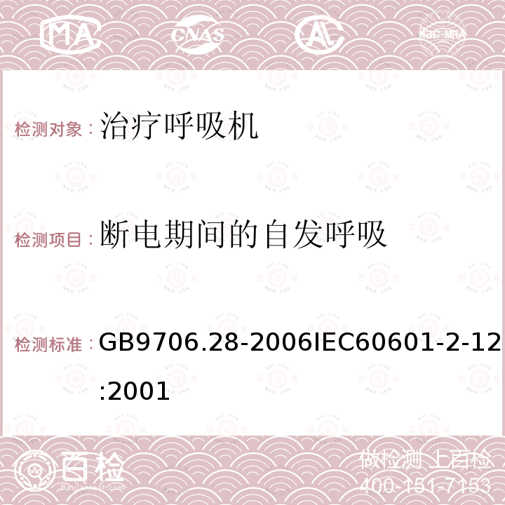 断电期间的自发呼吸 GB 9706.28-2006 医用电气设备 第2部分:呼吸机安全专用要求 治疗呼吸机