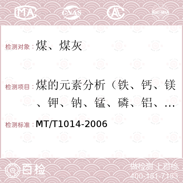 煤的元素分析（铁、钙、镁、钾、钠、锰、磷、铝、钛、钡、锶） 煤灰中主要和微量元素的测定 电感耦合等离子体发射光谱法