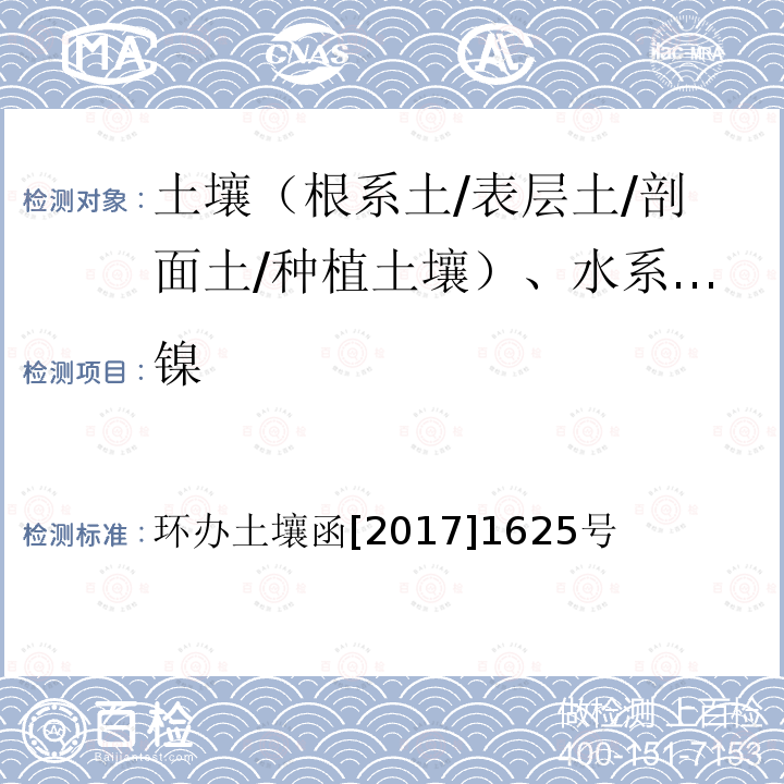 镍 全国土壤污染状况详查土壤样品分析测试方法技术规定 第一部分 土壤样品无机项目分析测试方法 8-1 电感耦合等离子体发射光谱法（ICP-AES）；8-2 电感耦合等离子体质谱法（ICP-MS）