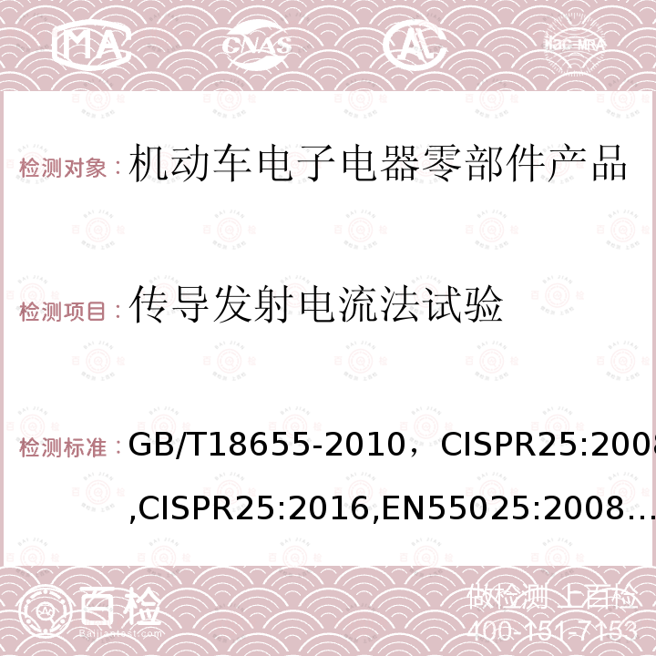 传导发射电流法试验 车辆、船和内燃机 无线电骚扰特性 用于保护车载接收机的限值和测量方法