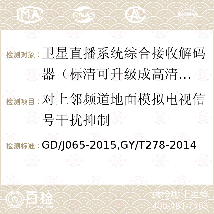 对上邻频道地面模拟电视信号干扰抑制 卫星直播系统综合接收解码器（标清可升级成高清卫星地面双模型）技术要求和测量方法，
卫星直播系统综合接收解码器（加密标清定位型）技术要求和测量方法