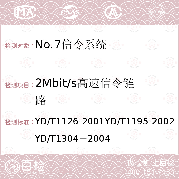 2Mbit/s高速信令链路 No.7信令系统测试规范——信令连接控制部分（SCCP） 
 No.7信令系统测试规范——2Mbit/s高速信令链路 
 国内No.7信令方式测试方法--消息传递部分（MTP）和电话用户部分（TUP）