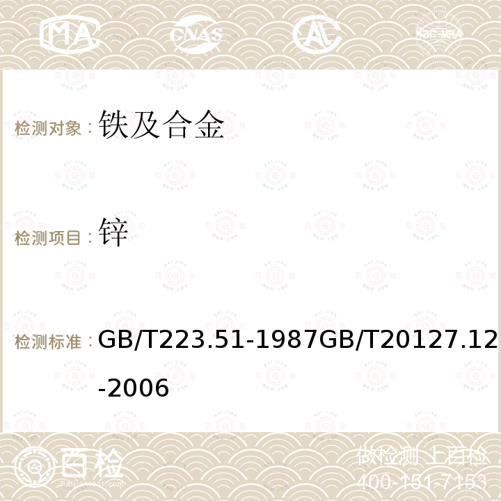 锌 钢铁及合金化学分析方法 5-Br-PADAP光度法测定锌量；钢铁及合金 痕量元素的测定 第12部分：火焰原子吸收光谱法测定锌含量