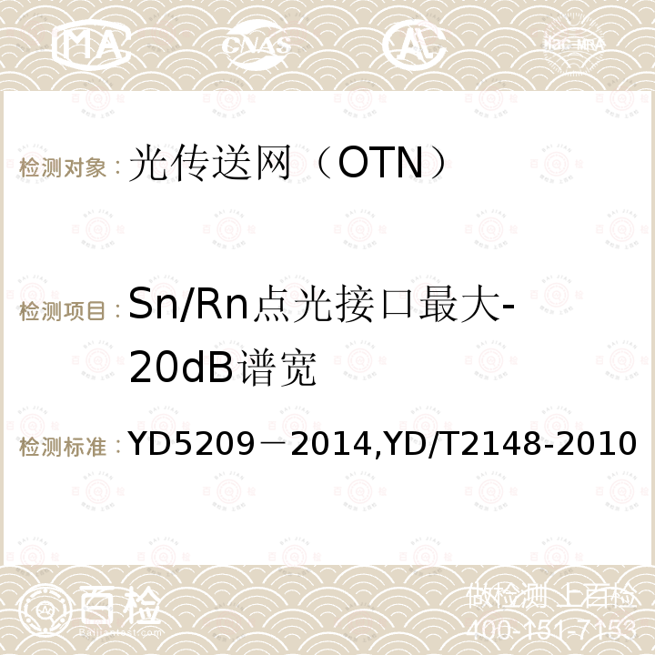 Sn/Rn点光接口最大-20dB谱宽 YD 5209-2014 光传送网(OTN)工程验收暂行规定(附条文说明)
