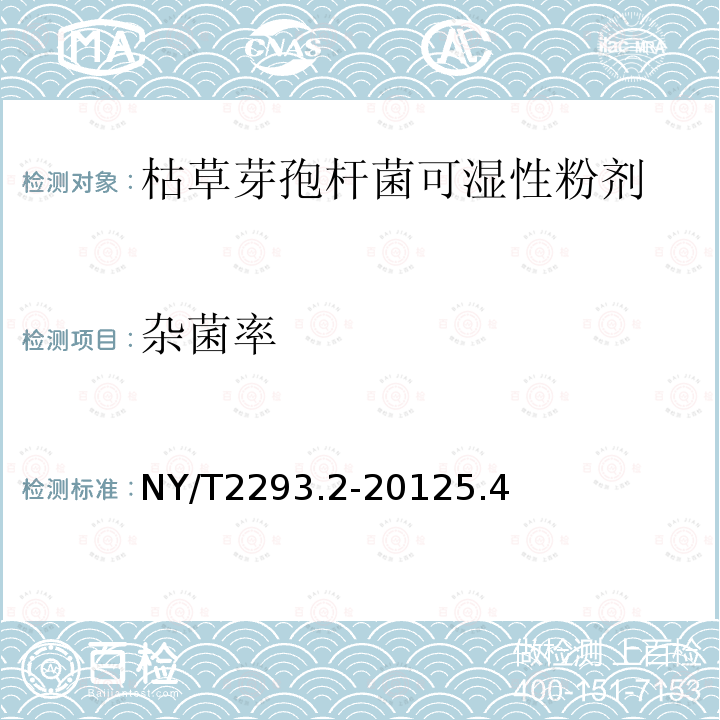 杂菌率 NY/T 2293.2-2012 细菌微生物农药 枯草芽孢杆菌 第2部分:枯草芽孢杆菌可湿性粉剂