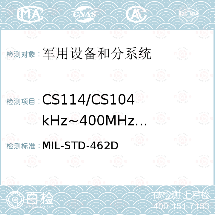 CS114/CS10
4kHz~400MHz
电缆束注入传导敏感度 MIL-STD-462D 电磁干扰特性测量