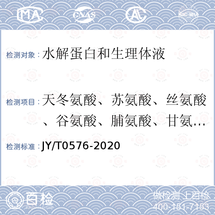 天冬氨酸、苏氨酸、丝氨酸、谷氨酸、脯氨酸、甘氨酸、丙氨酸、半胱氨酸、缬氨酸、蛋氨酸、异亮氨酸、亮氨酸、酪氨酸、苯丙氨酸、赖氨酸、组氨酸、精氨酸含量 氨基酸分析方法通则