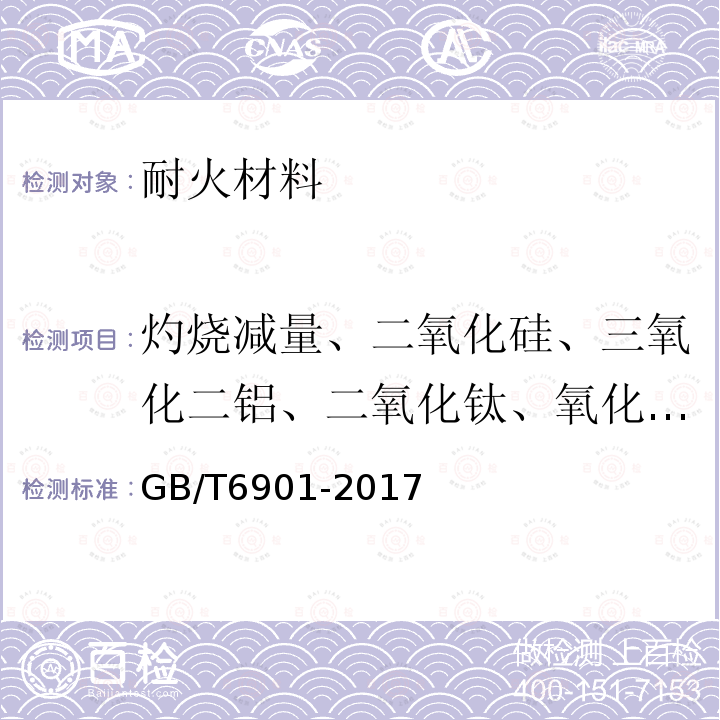 灼烧减量、二氧化硅、三氧化二铝、二氧化钛、氧化钙、氧化镁、氧化钾、氧化钠、氧化锰、五氧化二磷 硅质耐火材料化学分析方法