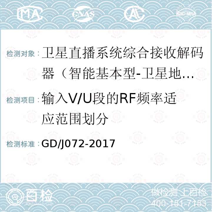 输入V/U段的RF频率适应范围划分 卫星直播系统综合接收解码器（智能基本型-卫星地面双模）技术要求和测量方法