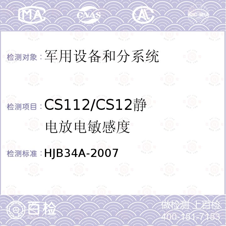 CS112/CS12
静电放电敏感度 HJB 34A-2007 舰船电磁兼容性要求