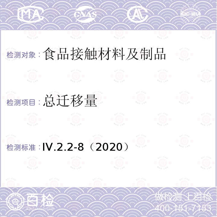 总迁移量 韩国食品用器皿、容器和包装标准和规范（2020）